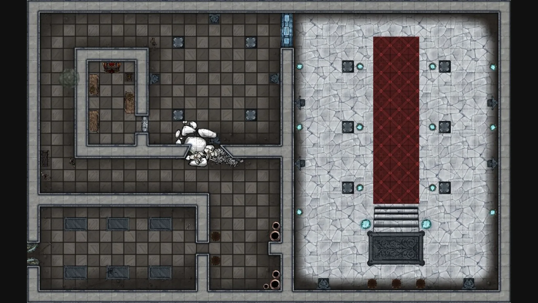 Complete Breach Below Bergum dungeon map: dark crypt rooms on the left and a bright columned grand mausoleum on the right